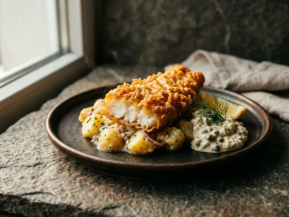 Backfisch mit Remoulade und Kartoffelsalat