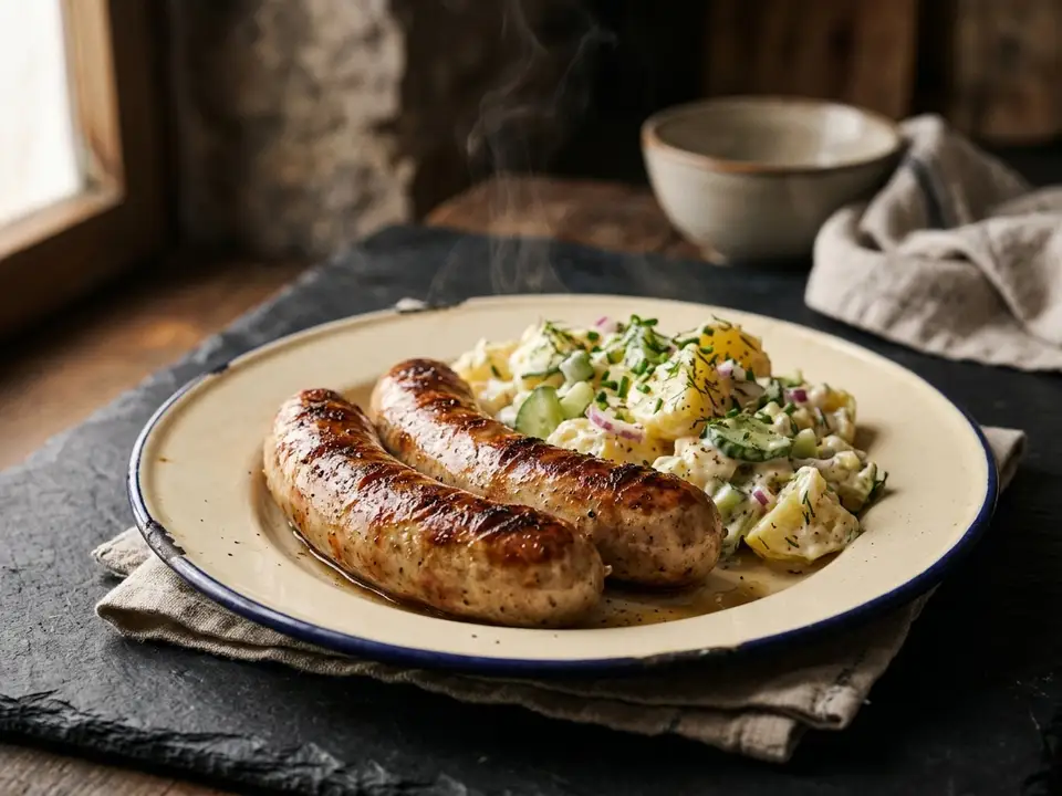 Bratwurst mit Sommer-Kartoffelsalat und Gurke