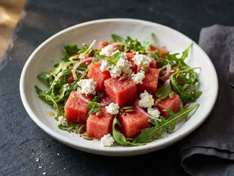Bunter Sommersalat mit Melone und Ziegenkäse