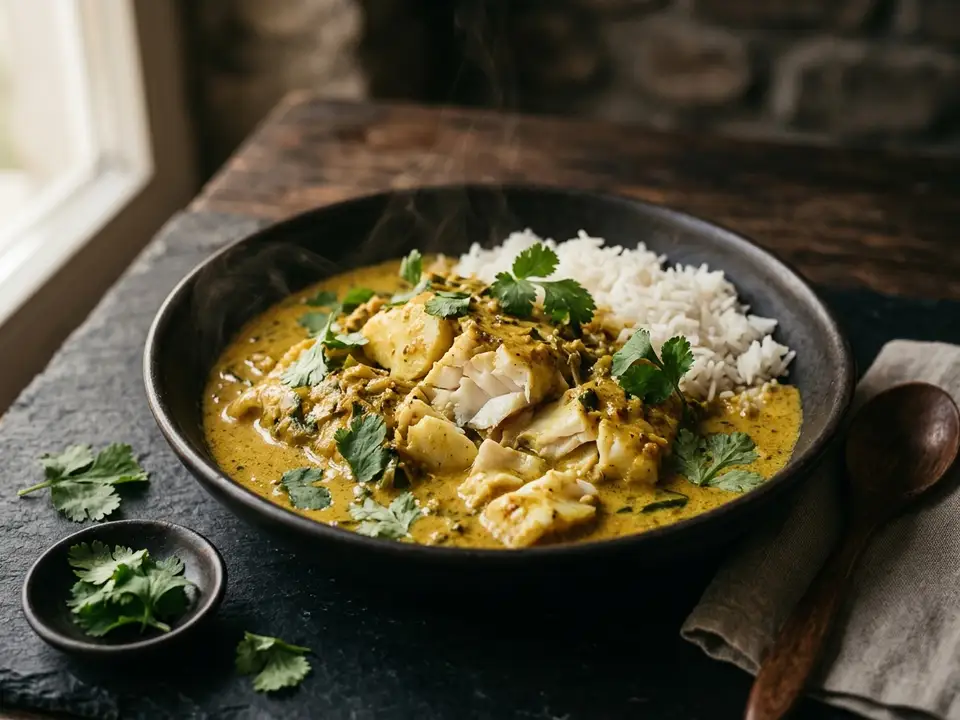 Fischcurry mit Kokosmilch, Koriander und Reis