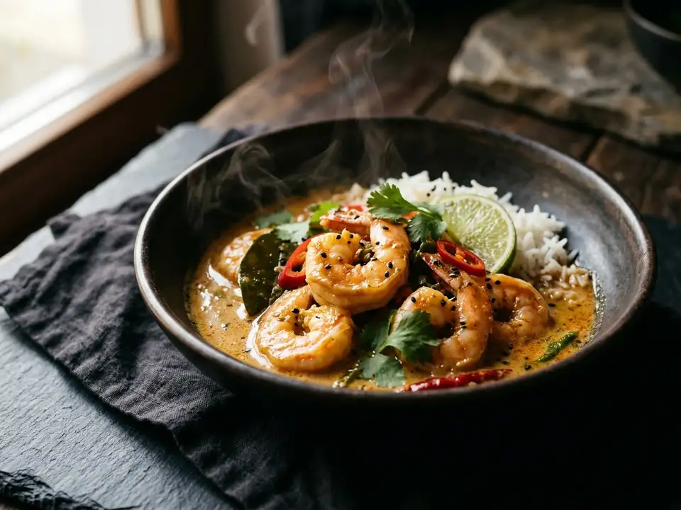 Garnelen-Kokos-Curry mit Limette und Reis