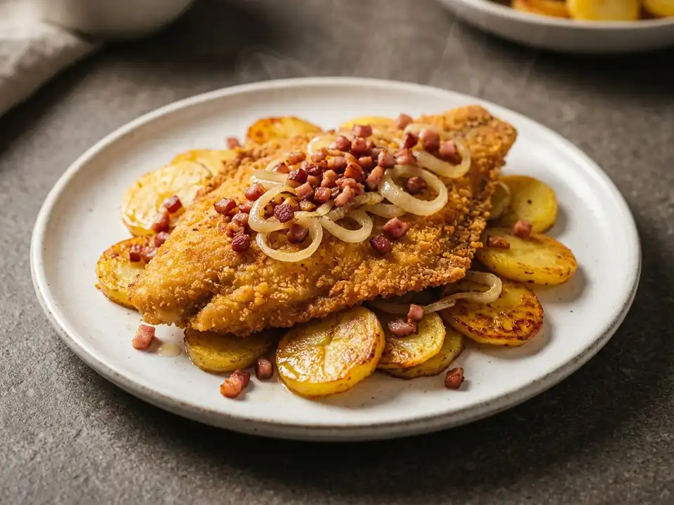 Gebratene Scholle mit Speck und Bratkartoffeln
