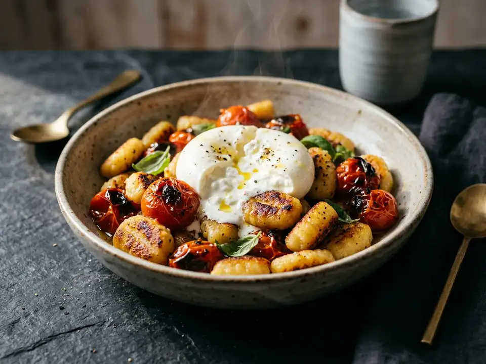 Gnocchi-Pfanne mit Ofentomaten und Burrata