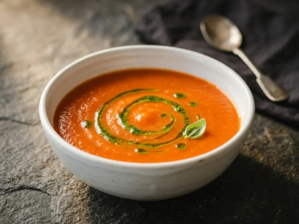 Kalte Tomaten-Paprika-Suppe mit Basilikumöl