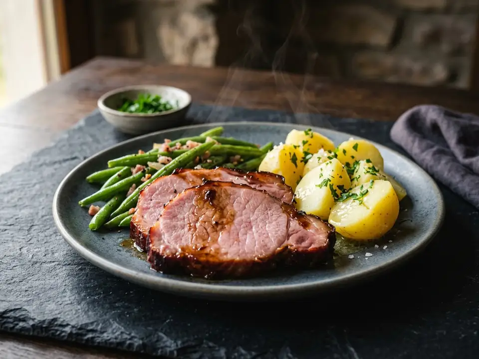 Kasseler mit grünen Bohnen und Salzkartoffeln