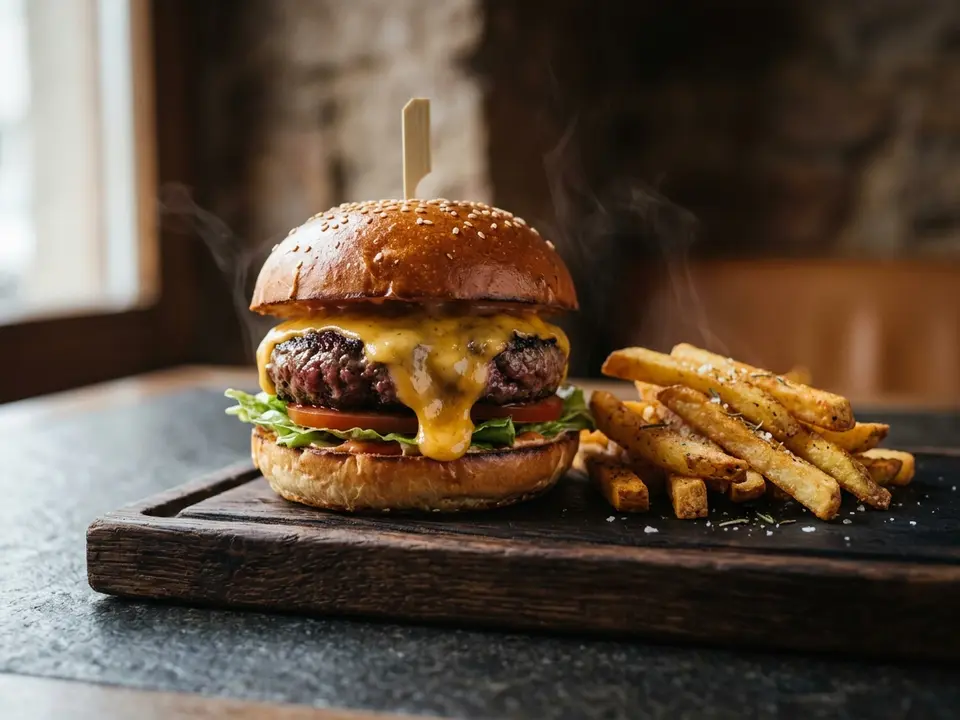 Klassischer Cheeseburger mit Ofenpommes