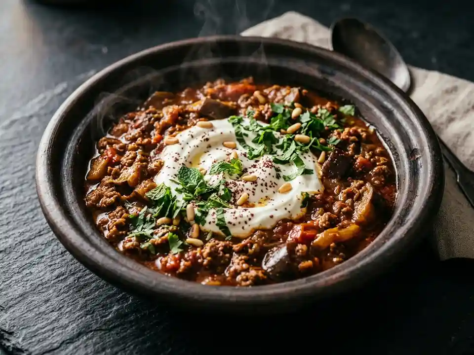 Orientalische Lammhack-Pfanne mit Auberginen und Joghurt