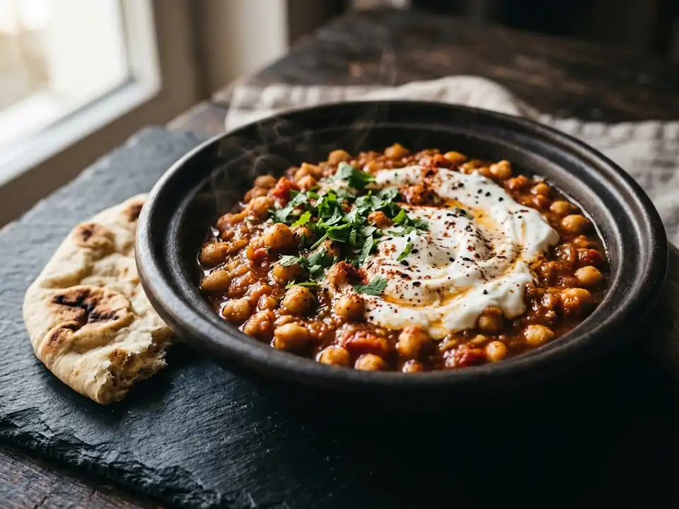 Orientalisches Kichererbsen-Ragout mit Joghurt und Fladenbrot