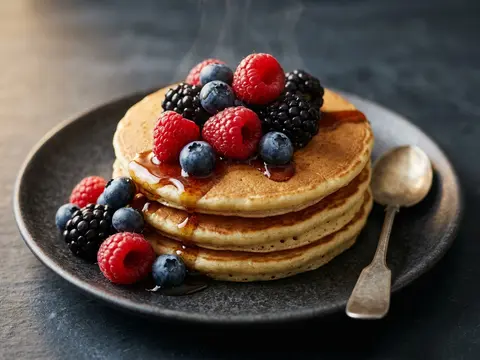 Amerikanische Pancakes mit Ahornsirup und Beeren