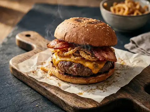 Bacon-Cheeseburger vom Grill mit Röstzwiebeln