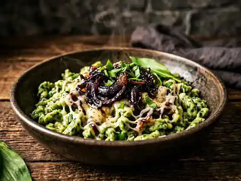 Bärlauchspätzle mit Bergkäse und Balsamico-Zwiebeln