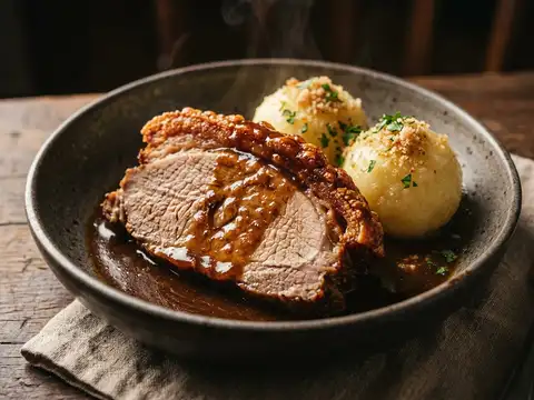 Bayerischer Schweinebraten mit Dunkelbiersoße und Kartoffelknödeln