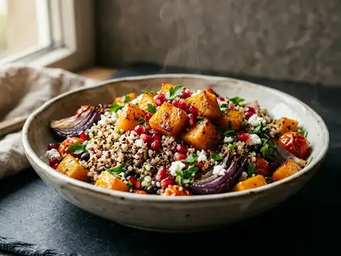 Bunter Quinoa-Salat mit geröstetem Ofengemüse und Granatapfel
