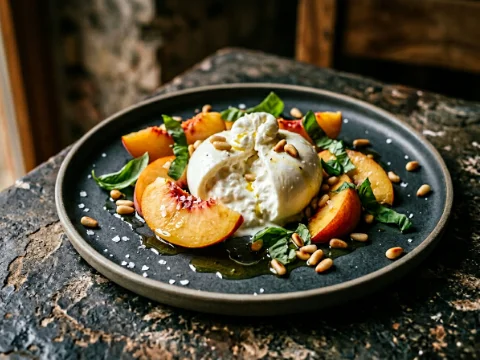 Burrata mit Pfirsich und Basilikum