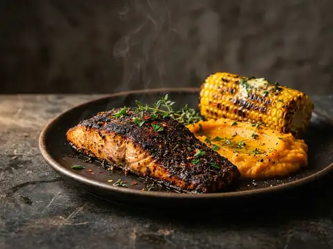 Cajun-Lachs mit Maiskolben und Süßkartoffelpüree