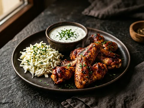 Chicken Wings mit Dip und Coleslaw