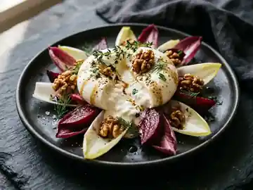 Chicorée-Bete-Salat mit Burrata und karamellisierten Walnüssen