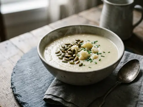 Cremige Blumenkohlsuppe mit gerösteten Kernen