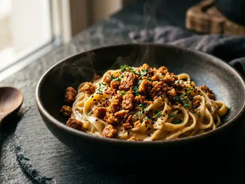 Cremige Miso-Pasta mit Tempeh-Broeseln