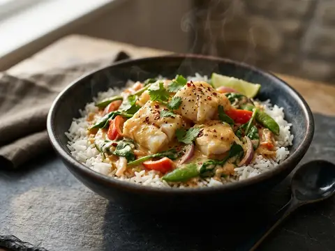 Cremiges Fischcurry mit Kokosmilch und Reis