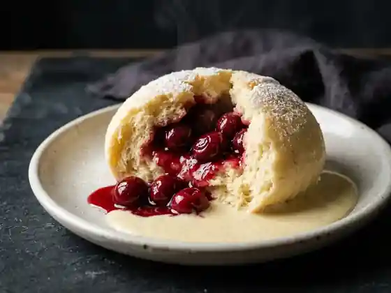 Dampfnudeln mit Kirschfüllung und Vanillesauce