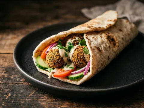 Falafel-Wrap mit Fladenbrot und Tahini