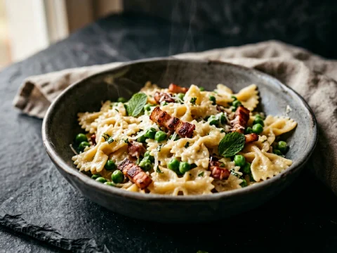 Farfalle mit Erbsen und Speck