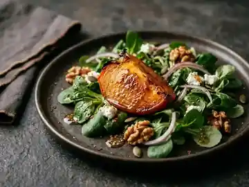Feldsalat mit Gebackener Kaki und Ahornsirup Senf Vinaigrette