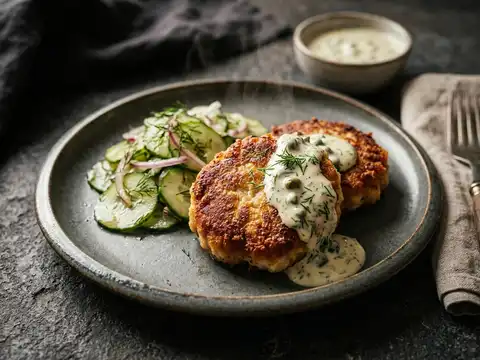 Fischfrikadellen mit Gurkensalat und Dillsauce