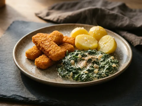 Fischstäbchen mit Rahmspinat und Salzkartoffeln