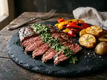 Flank Steak mit Chimichurri, Ofenkartoffeln und gegrillter Paprika