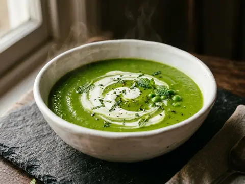 Frische Erbsensuppe mit Minze und Crème fraîche