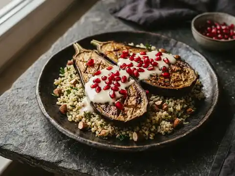 Gebackene Auberginen mit Granatapfel-Tahini und Bulgur