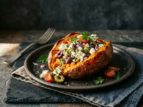 Gebackene Süßkartoffel mit würzigem Feta-Oliven-Salat