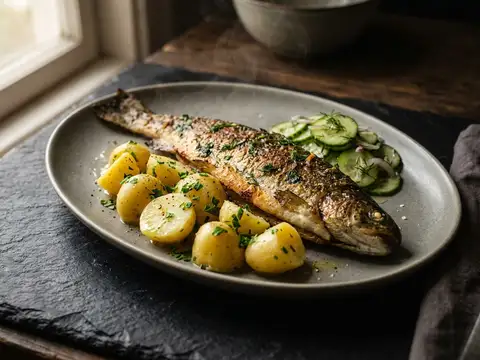 Gebratene Forelle mit Petersilienkartoffeln und Gurkensalat