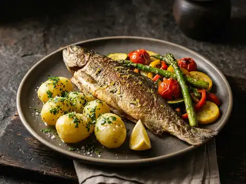 Gebratene Forelle mit Sommergemüse und Petersilienkartoffeln