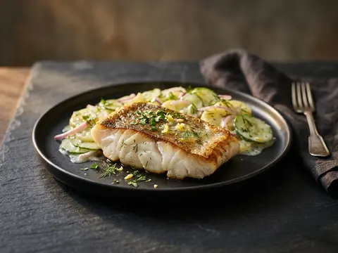 Gebratener Kabeljau mit Kartoffel-Gurken-Salat