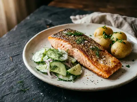 Gebratener Lachs mit Gurken-Dill-Salat und Pellkartoffeln