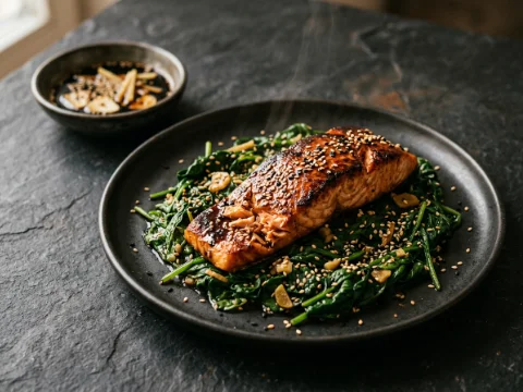 Gebratener Lachs mit Sesam-Spinat