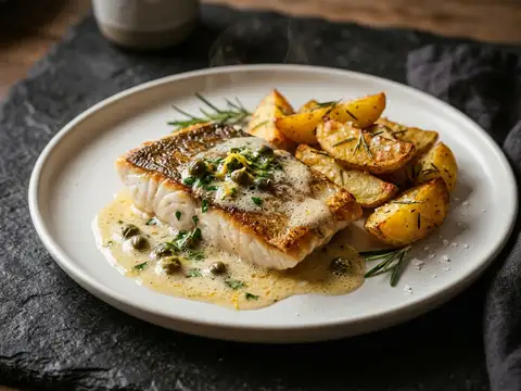 Gebratener Steinbutt mit Rosmarinkartoffeln und Zitronen-Kapern-Butter
