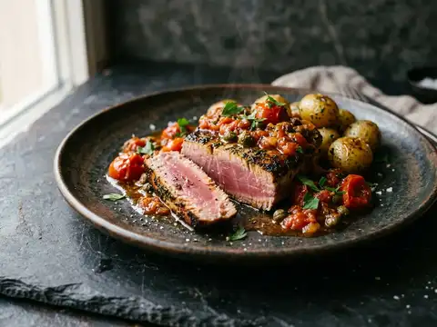 Gebratener Thunfisch mit Kapern-Tomaten-Sugo und Kartoffeln