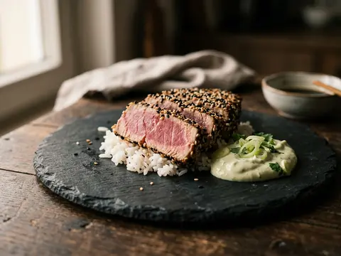 Gebratener Thunfisch mit Sesamkruste, Wasabi-Mayo und Reis