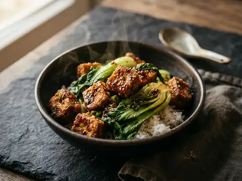Gebratener Tofu mit Pak Choi, Sesam-Sauce und Reis