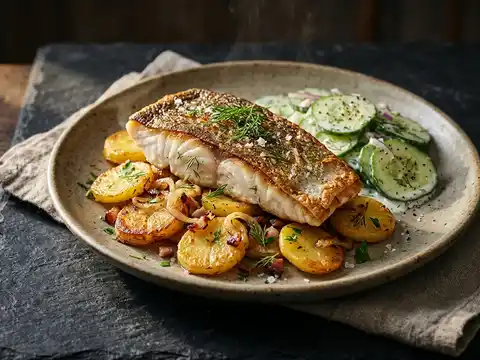 Gebratener Zander mit Bratkartoffeln und Gurkensalat