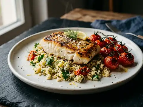 Gebratenes Kabeljaufilet mit Zitronen-Kräuter-Couscous und Ofentomaten
