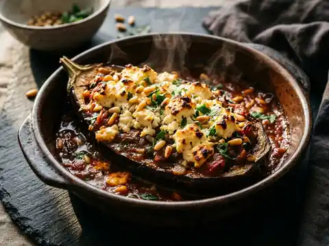 Gefüllte Auberginen Imam Bayildi mit Feta und Pinienkernen