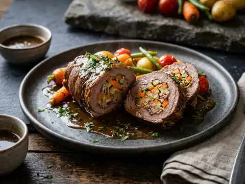 Gefüllte Kalbsrouladen mit Sommergemüse und Kräuterjus