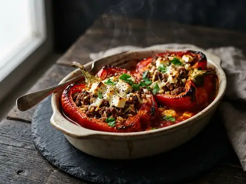 Gefüllte Paprika mit Hackfleisch, Reis und Feta