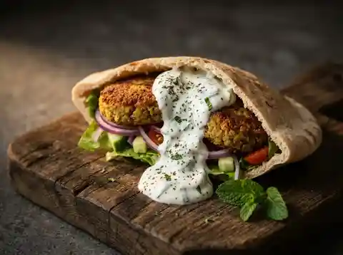 Gefüllte Pitataschen mit Joghurt-Minz-Dip und vegetarischen Frikadellen