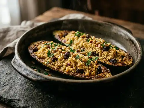 Gefüllte Zucchiniboote mit Couscous, Pinienkernen und Rosinen